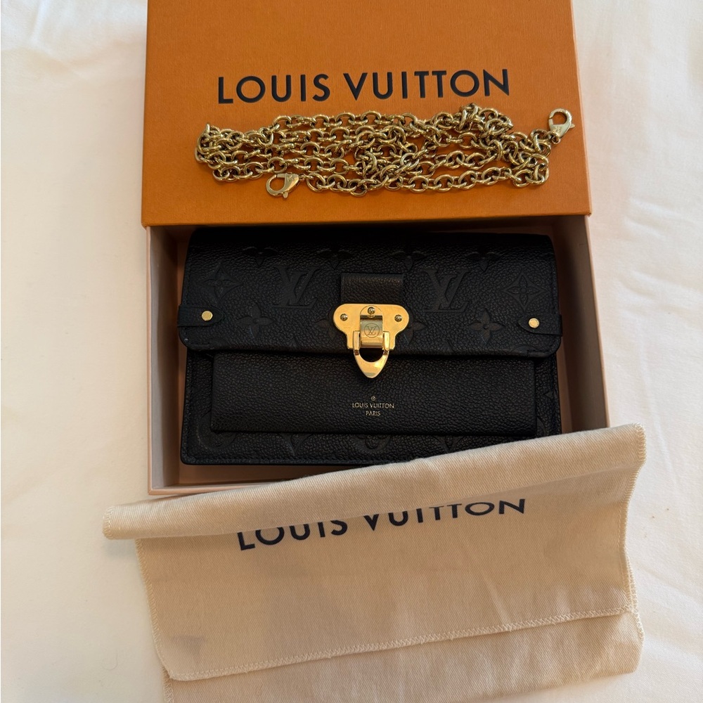 Louis Vuitton Black Embossed crossbody wallet/bag with Gold Chain